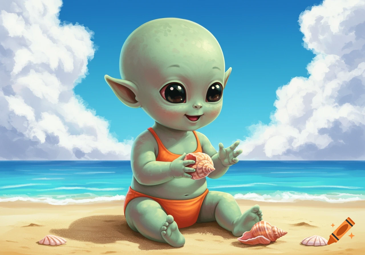 A cute baby alien sits on a beach, playing with a seashell. The alien has large eyes and small ears and wears an orange swimsuit.