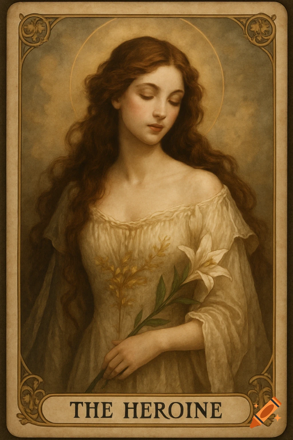 A painting of a woman in a flowing dress holding a lily, in the style of a tarot card. Text reads "THE HEROINE".