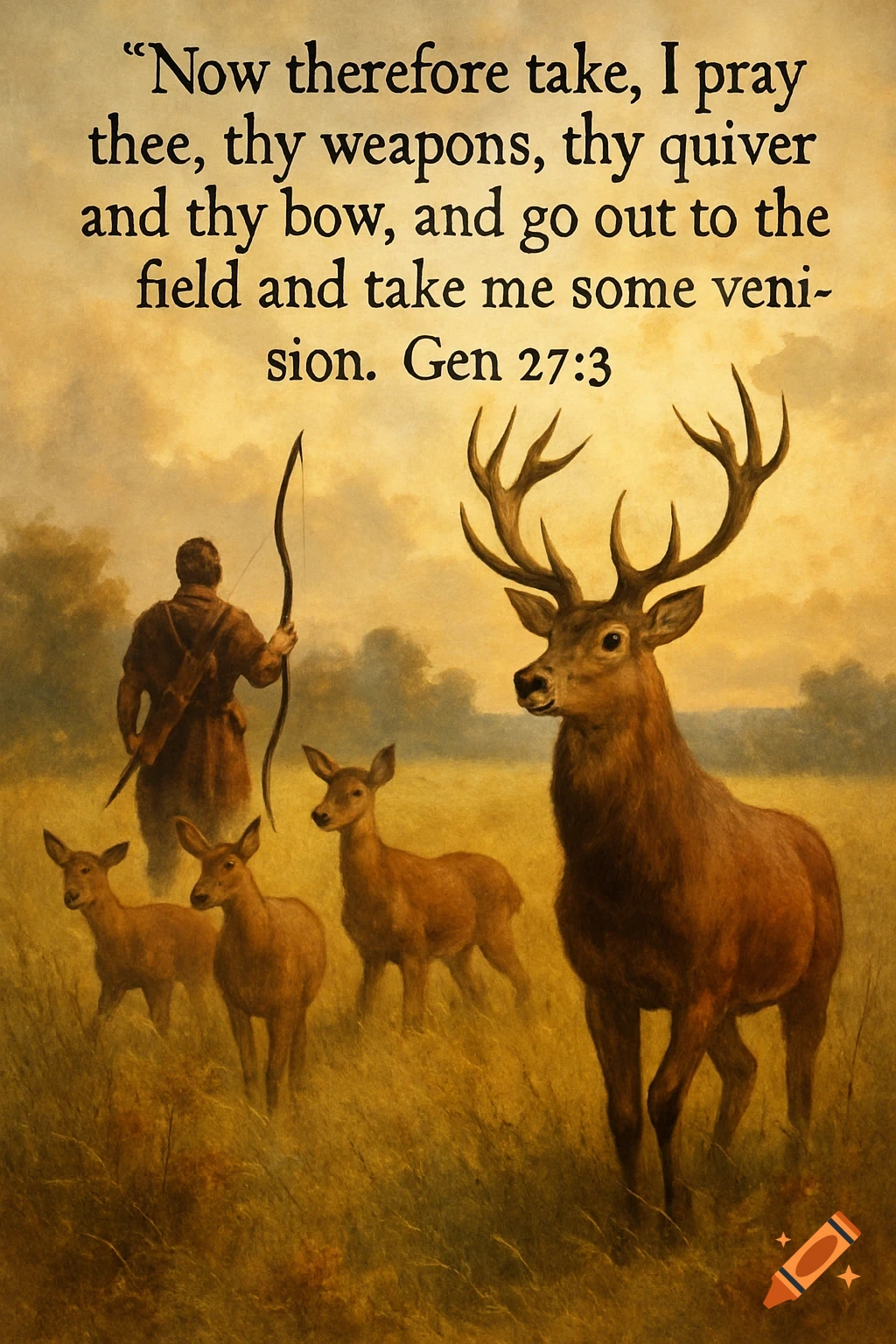 A hunter with a bow looks towards a large deer and several smaller deer in a grassy field. Text from Genesis is at the top.