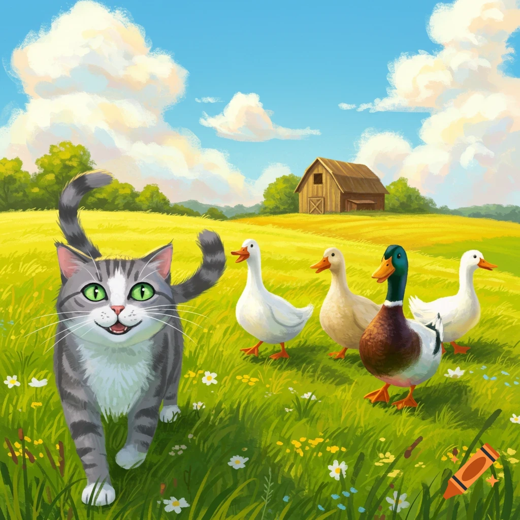 A cartoon-style grey and white cat with green eyes walks through a grassy field towards the viewer, followed by three ducks and a mallard. A barn is in the background.