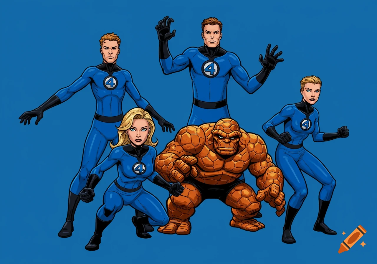 Comic book illustration of the Fantastic Four superheroes standing against a blue background.