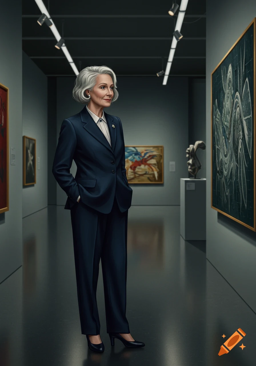 A woman in a dark suit stands in an art gallery looking at a painting.