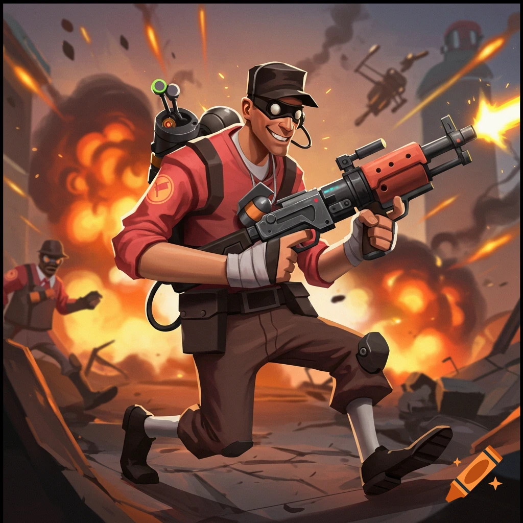 Stylized illustration of the Scout from Team Fortress 2 running and shooting a weapon in a chaotic battle scene.