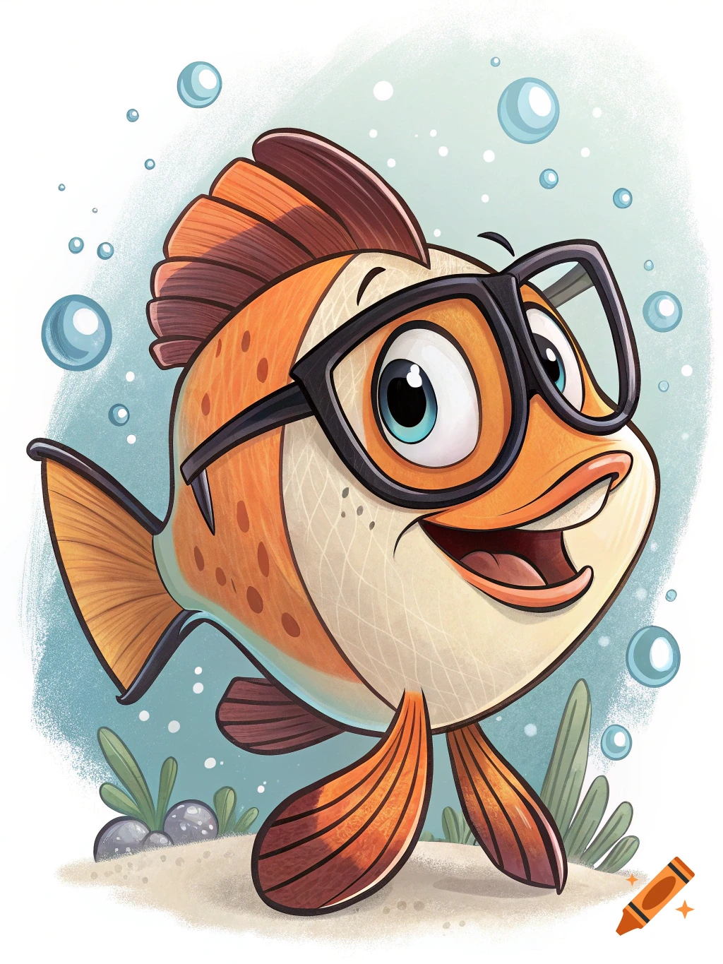 A cheerful cartoon fish wearing glasses swims underwater with bubbles.