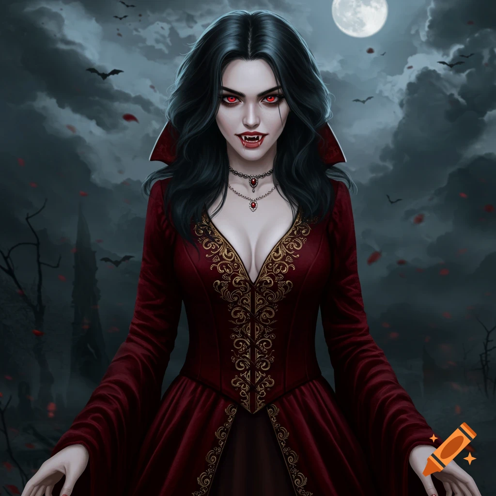 A fantasy portrait of a vampire woman in a red dress under a full moon.