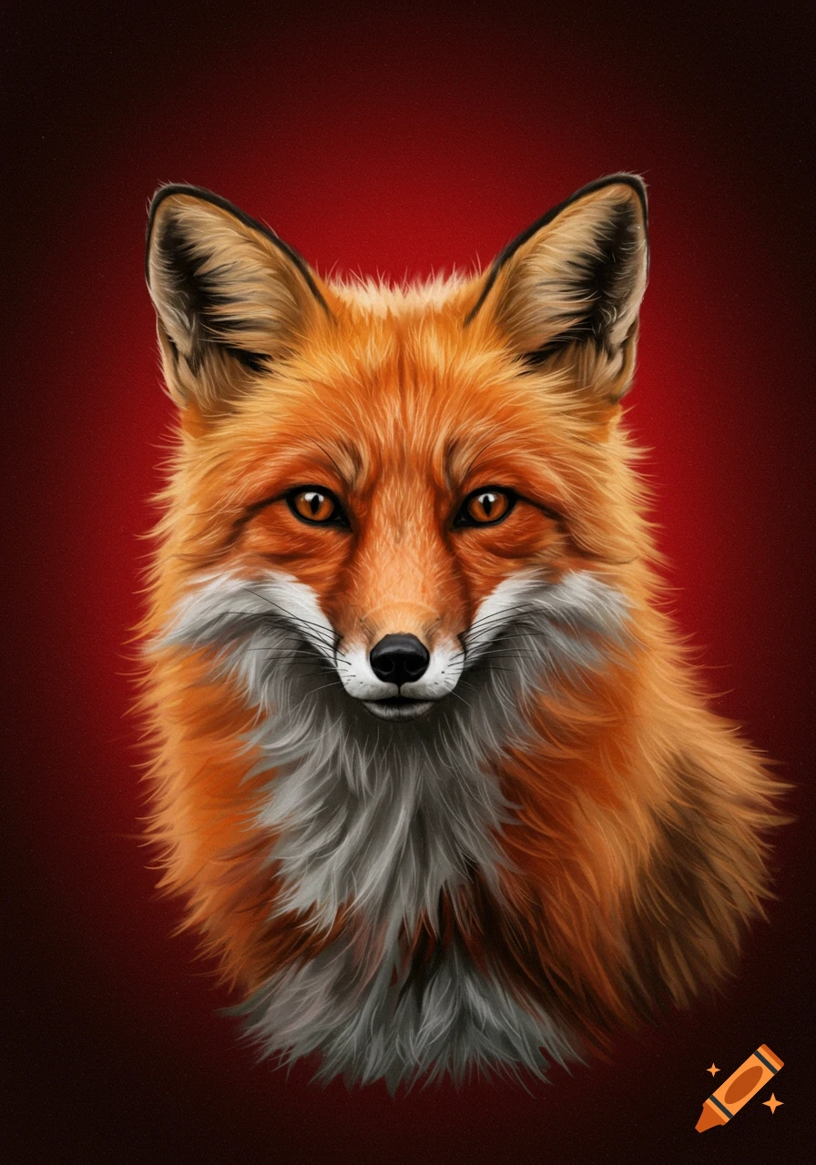 Digital painting of a fox portrait against a red background.
