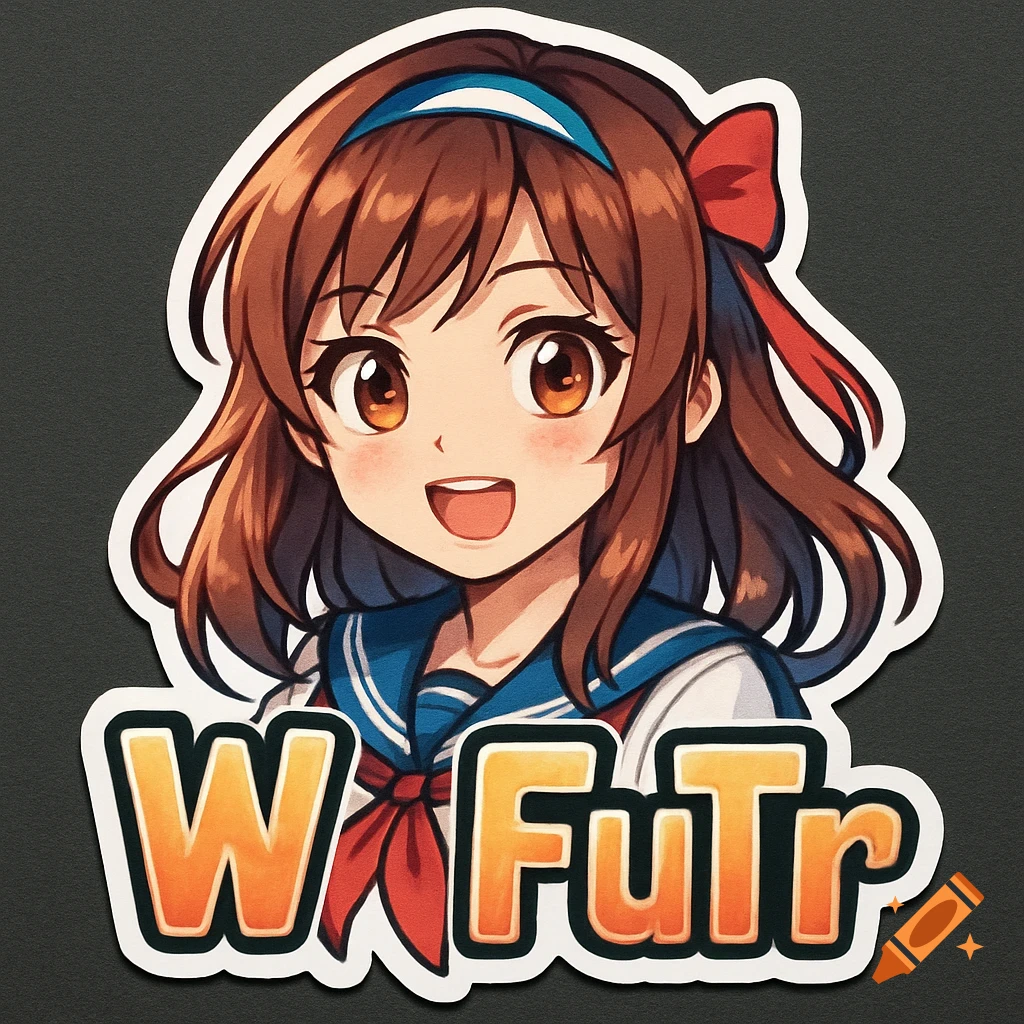 An anime girl sticker with brown hair and a sailor uniform, smiling, with the text W FuTr
