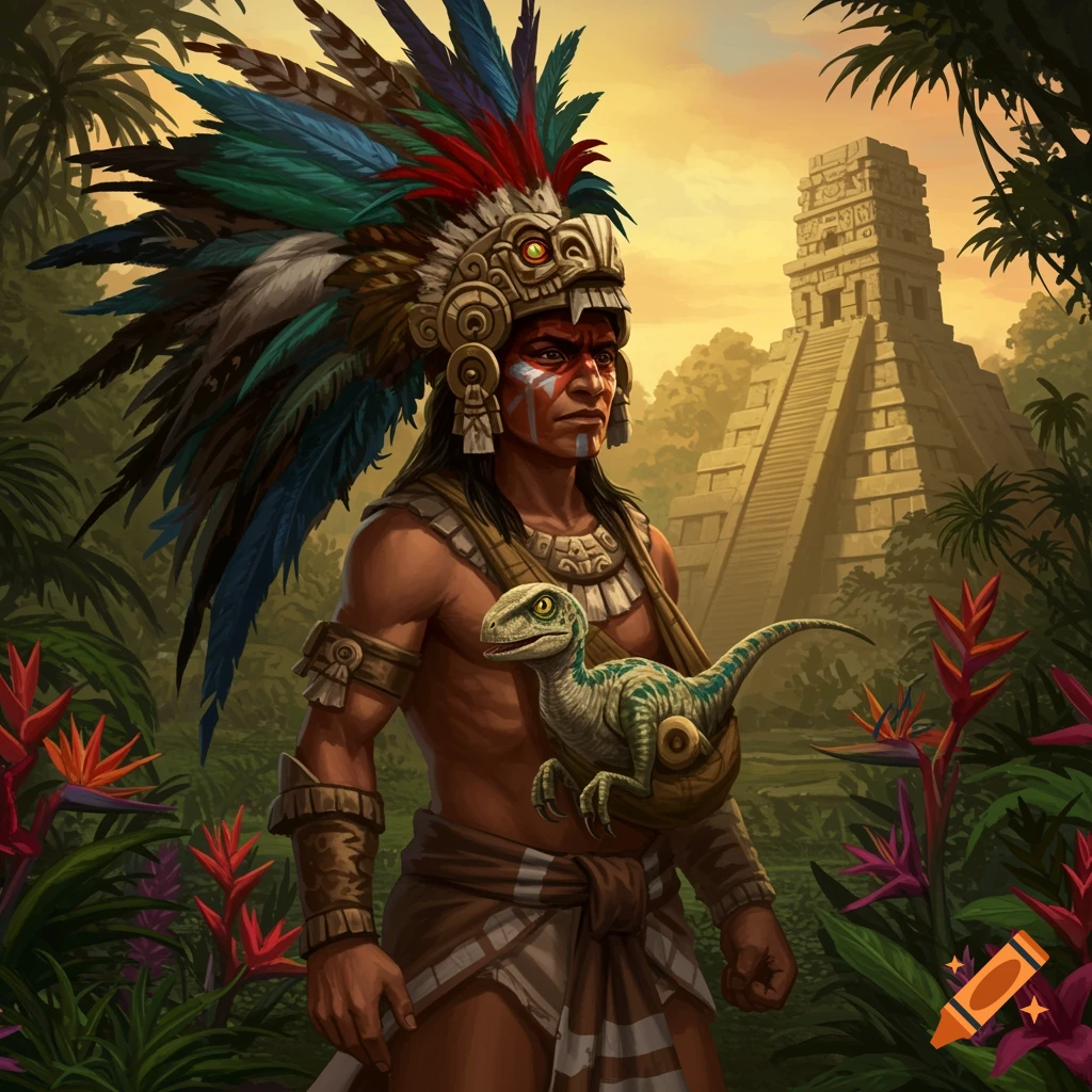 Aztec man holding a raptor in a carrier with a Mayan pyramid in the background, digital art.