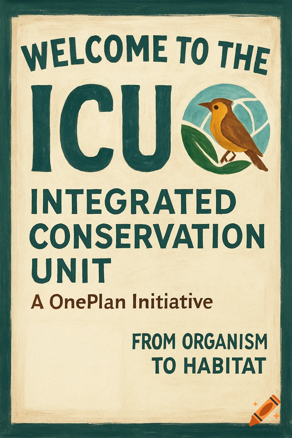 Sign for the Integrated Conservation Unit with text and a logo featuring a bird.