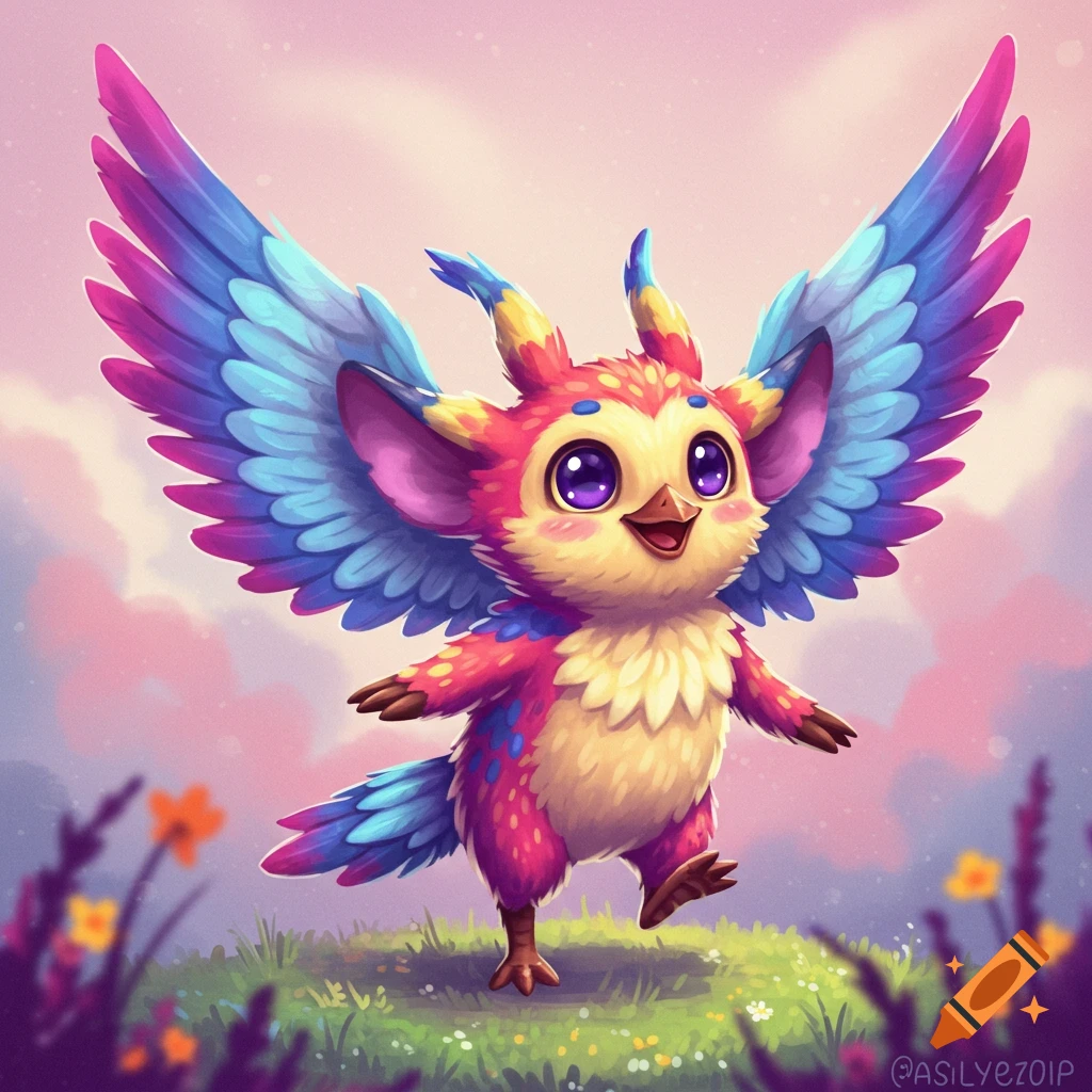 A cute, colorful fantasy creature with large wings and big eyes stands on a grassy hill.