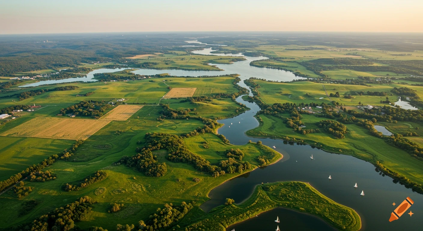 Aerial view of winding rivers and lakes flowing through green fields and forests under a clear sky.