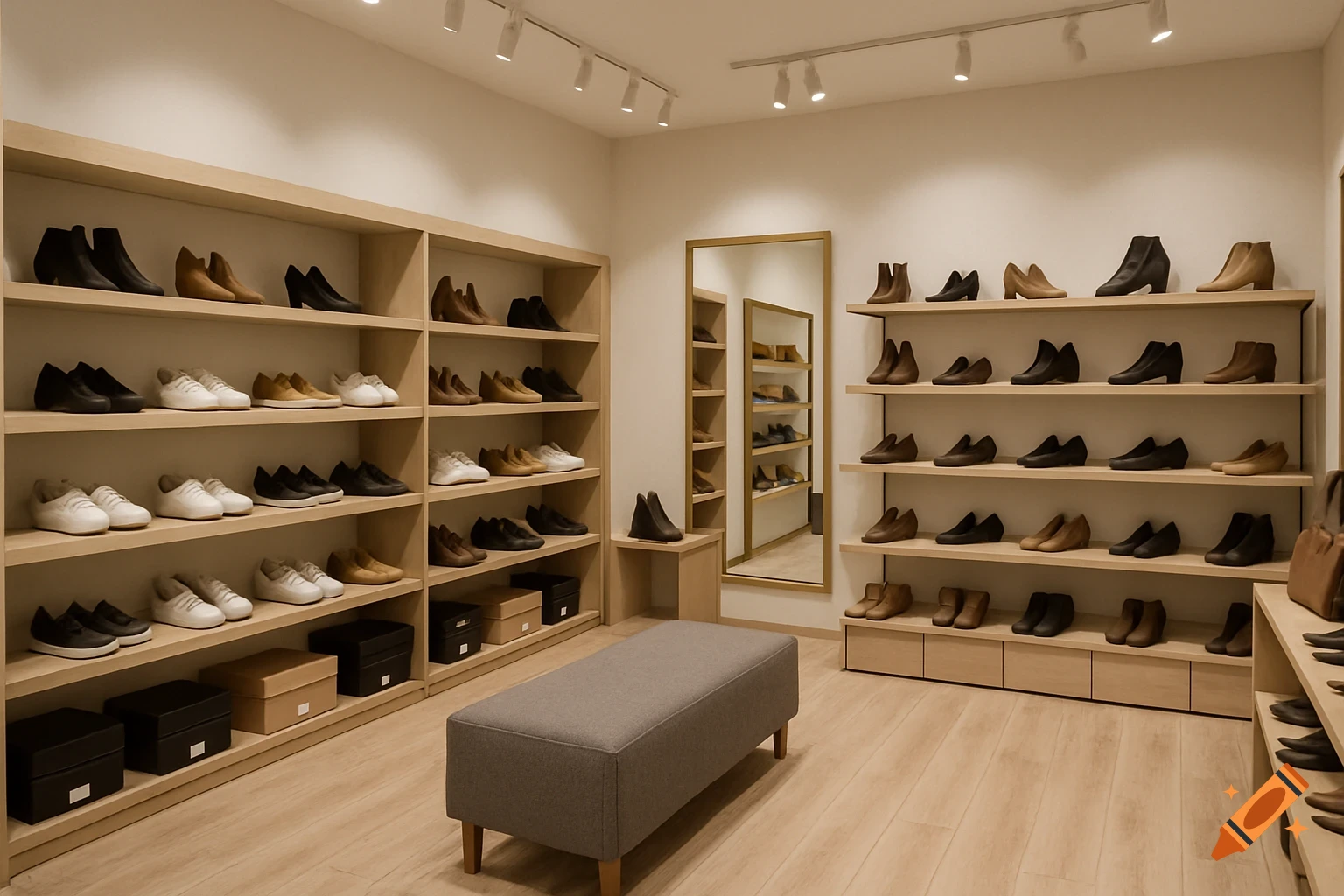 Interior view of a shoe shop with shelves filled with various shoes and boots, a mirror, and a seating bench.