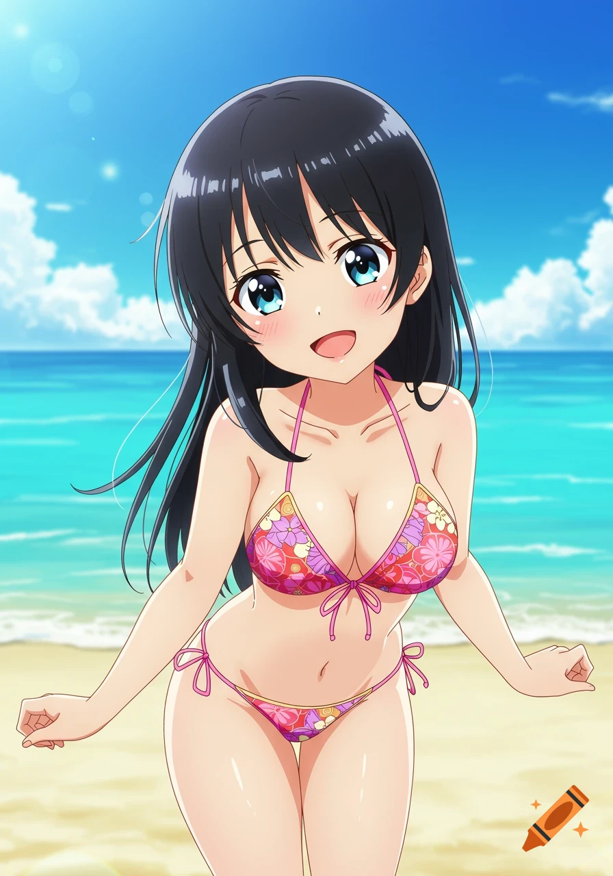 An anime girl in a pink and purple floral bikini smiles at the camera on a sunny beach.