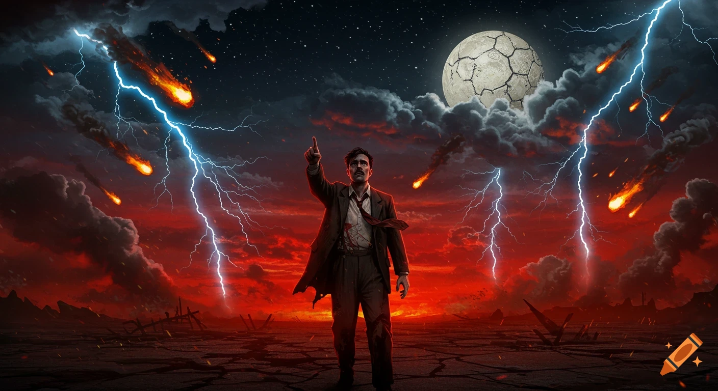 Man points to the sky in an apocalyptic wasteland under a cracked moon, lightning, and raining meteors.