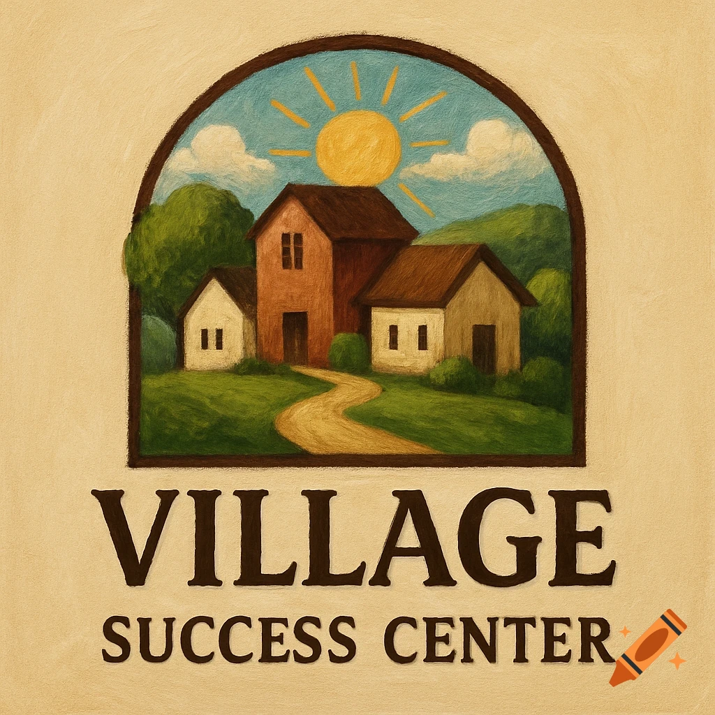 Logo illustration of a village scene in an arch with text 'Village Success Center' below.