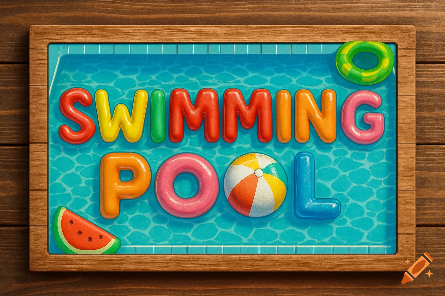 Colorful 3D letters spelling SWIMMING POOL in water with inflatables and watermelon in a wooden frame