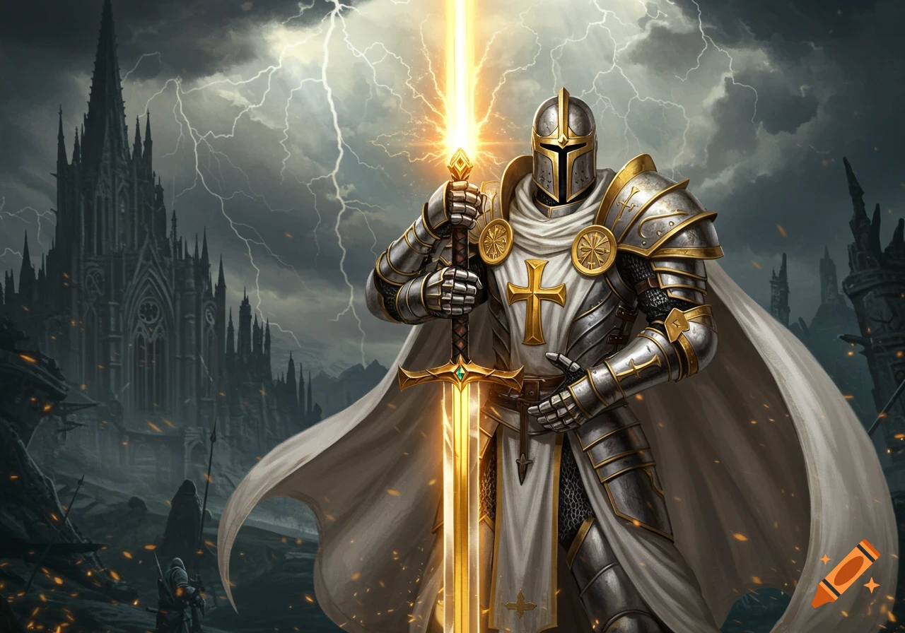 A holy knight in shining armor holds a glowing sword in a stormy landscape with a gothic building in the background, digital art.