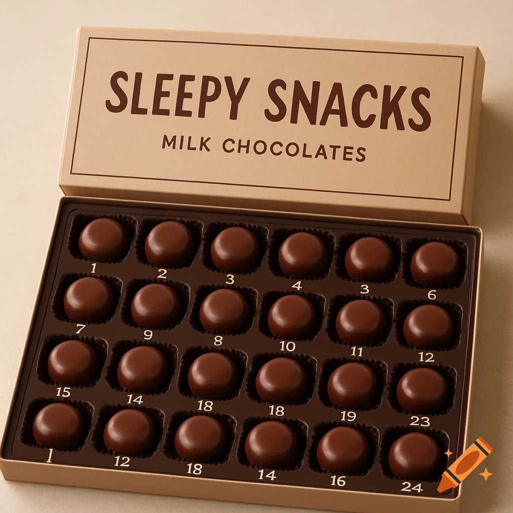 A box of milk chocolates with "SLEEPY SNACKS" on the lid and numbers next to each chocolate.