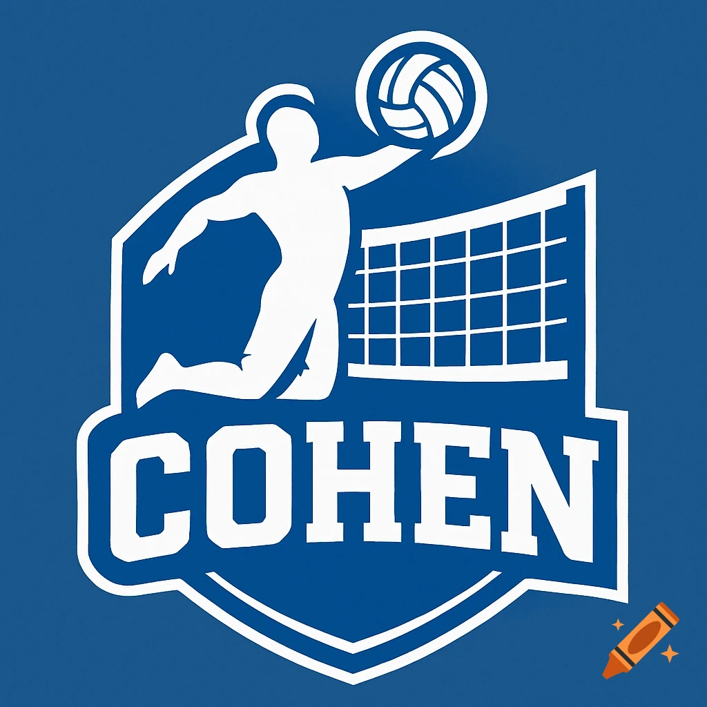 Blue and white logo with a silhouette of a volleyball player jumping to hit a ball over a net, with the name COHEN below.