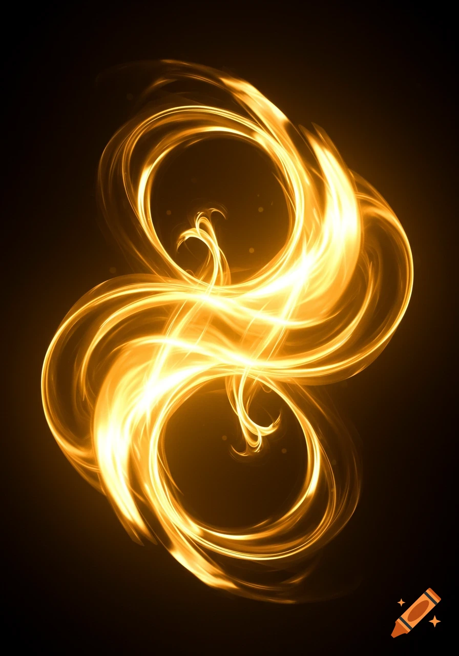A swirling abstract shape made of bright golden light against a dark background.