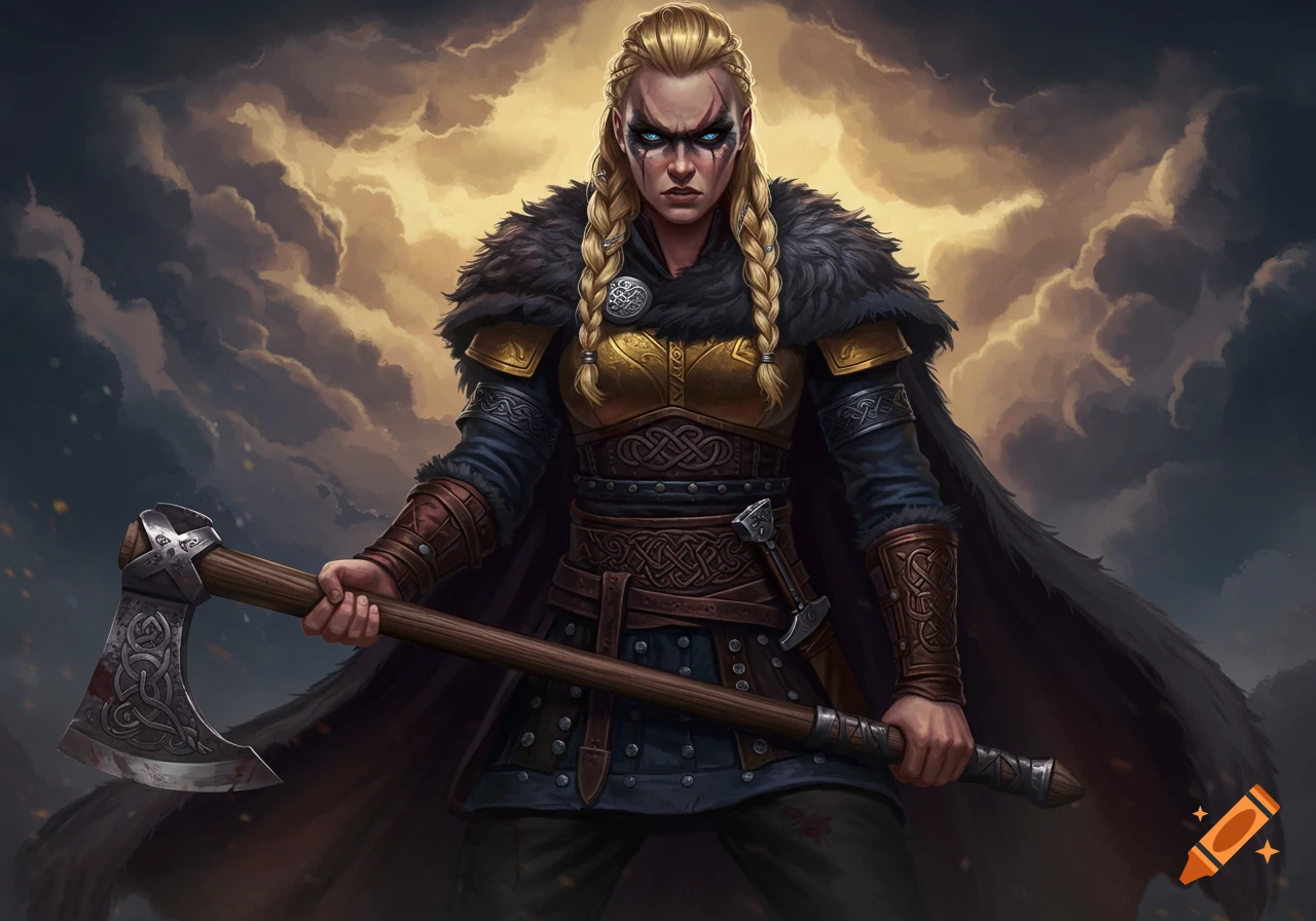 A female viking warrior holds an axe against a stormy sky in an illustration.