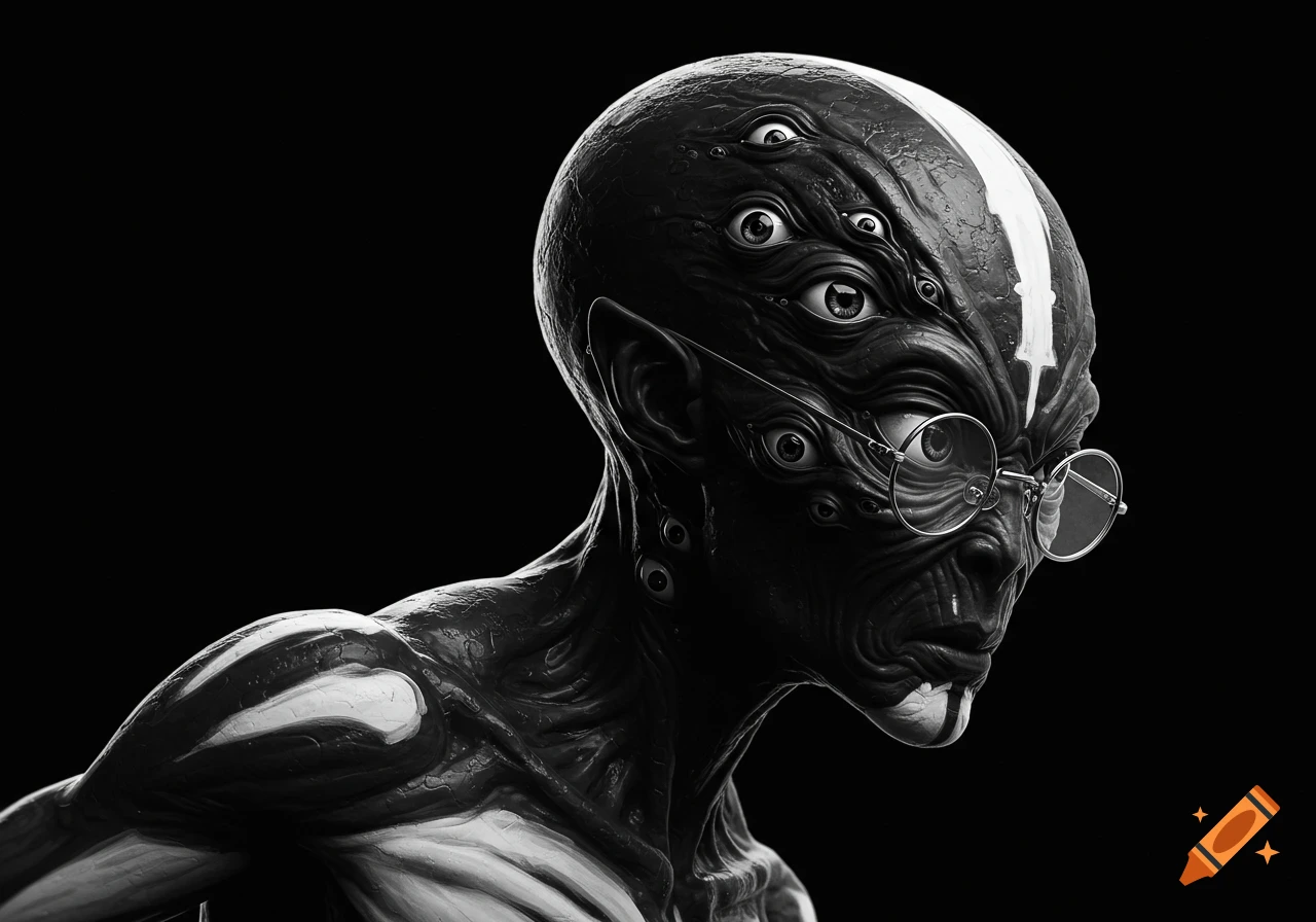 Close-up of a black and white alien creature with many eyes and glasses.