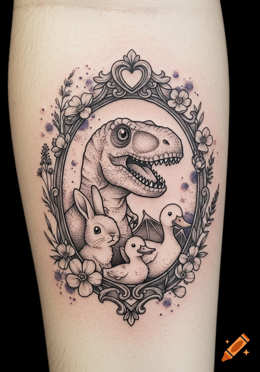 Black and grey tattoo design of a T-Rex, bunny, duck, and bat in an ornate floral frame with watercolor splatters.