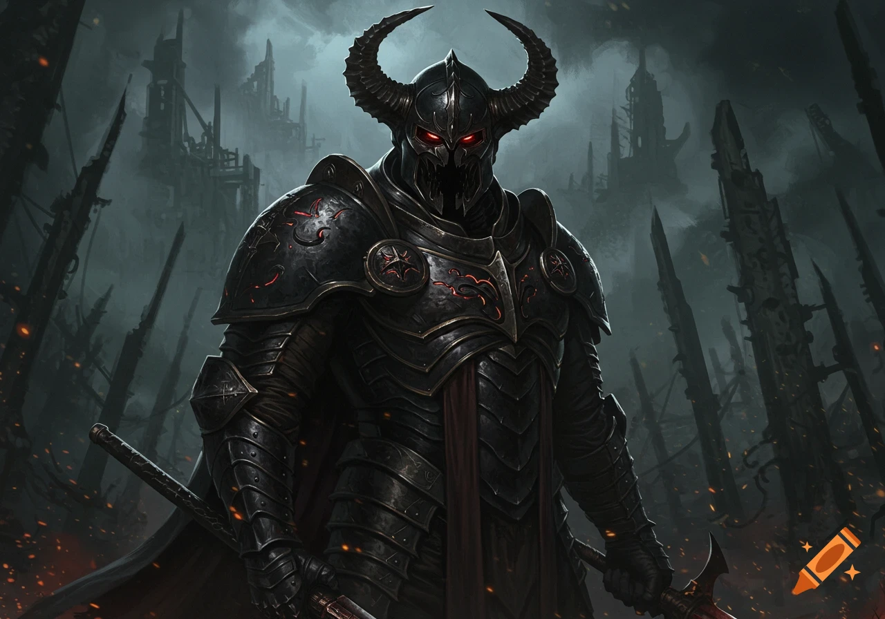 Dark fantasy illustration of a horned demon-like knight in black armor standing in ruins.