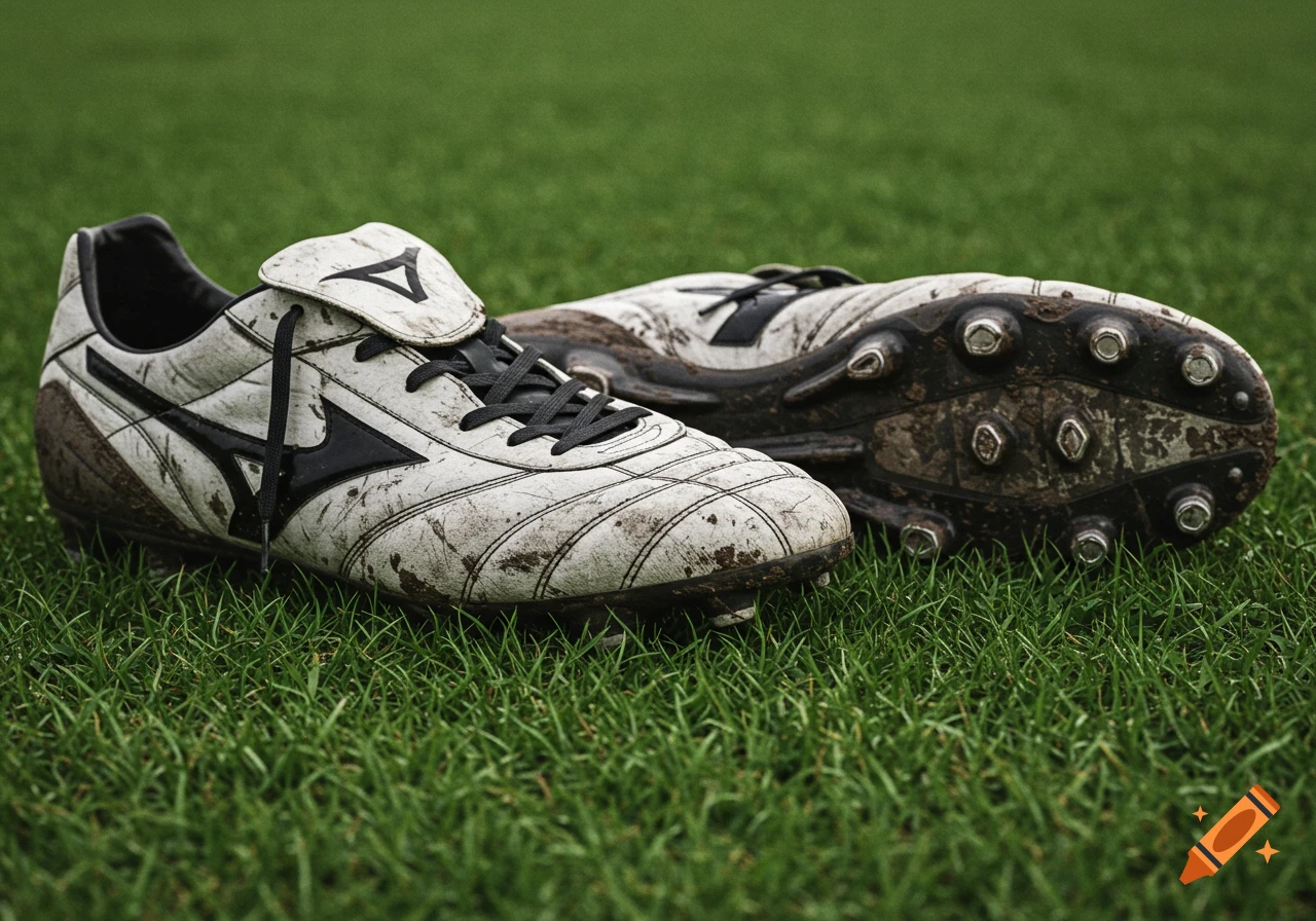 Close-up of dirty white and black football boots on grass.