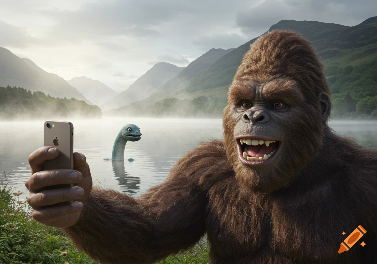 Bigfoot takes a selfie with the Loch Ness Monster in a foggy lake.