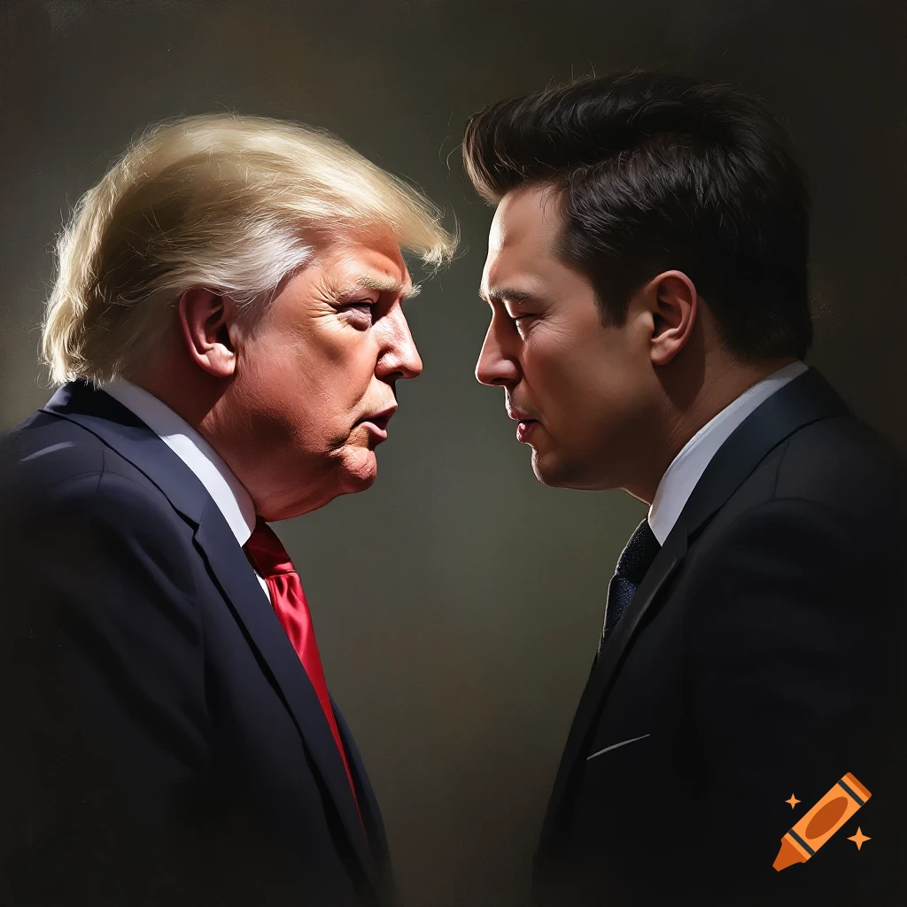 Donald Trump and Elon Musk face off in a dramatic portrait.