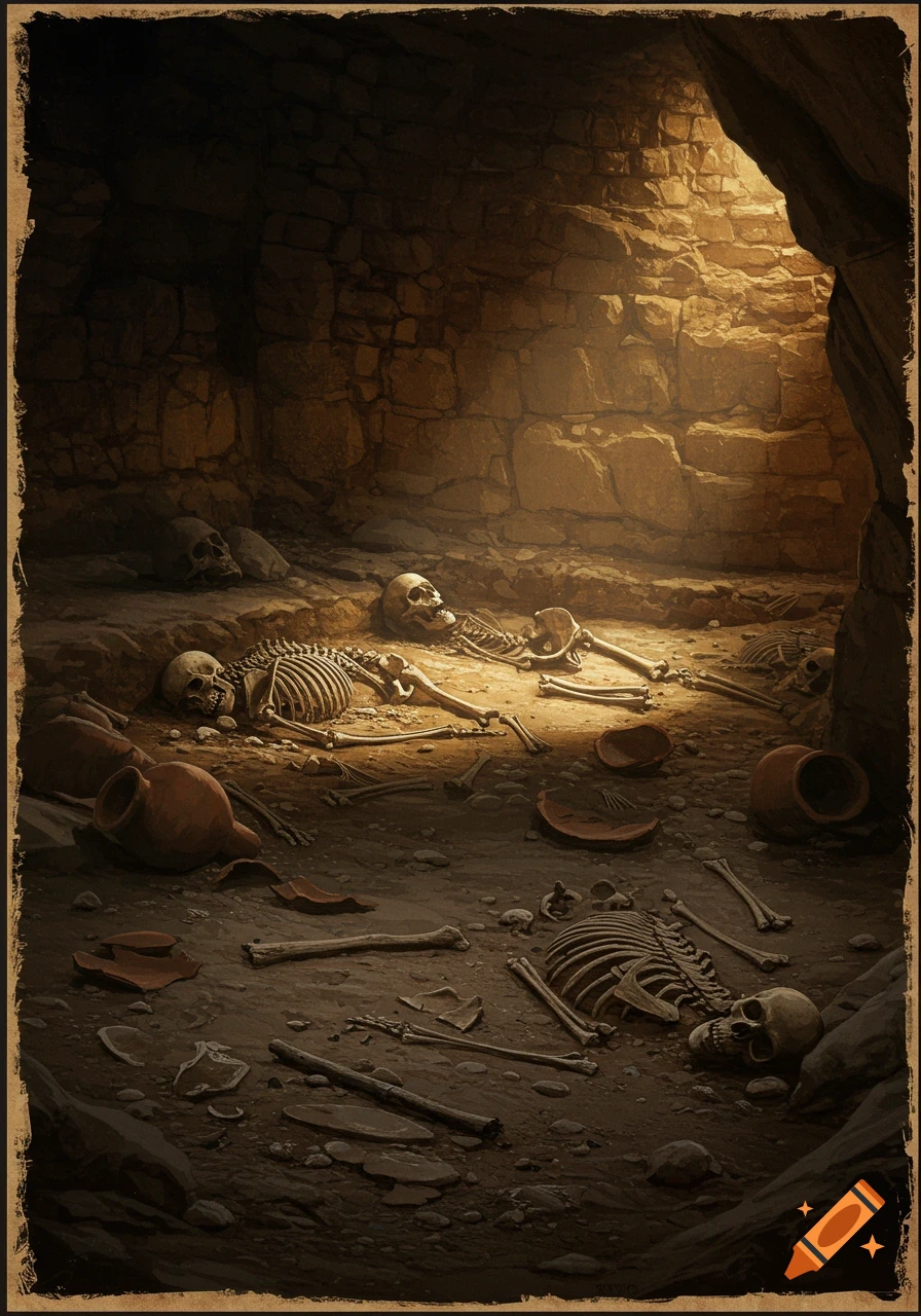 Skeletons and pottery lie scattered in a dusty cave illuminated by a shaft of light.