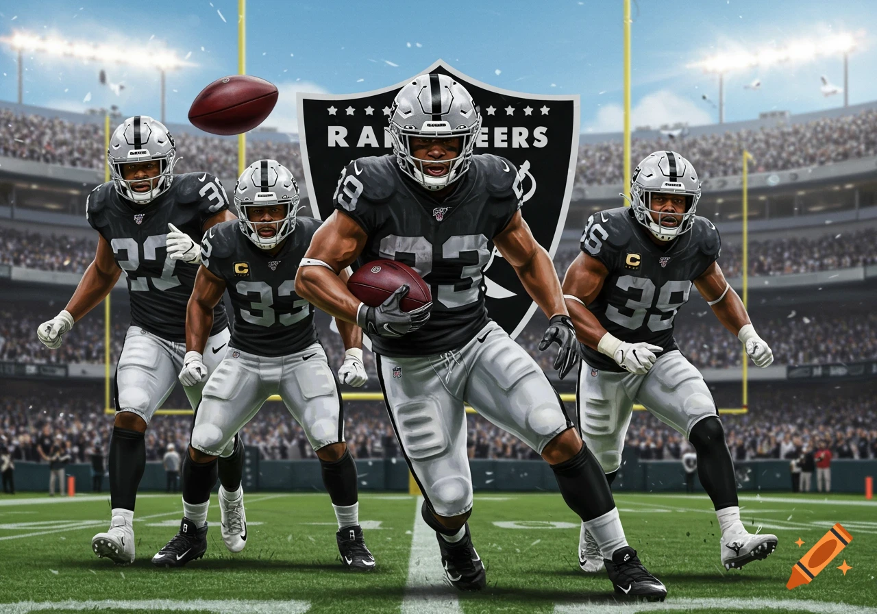 Several football players in black and silver Raiders uniforms run on a field in a stadium