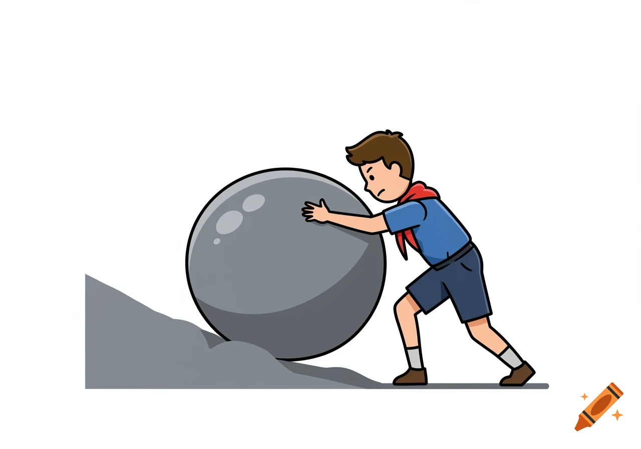 A cartoon illustration of a boy scout pushing a large boulder uphill.