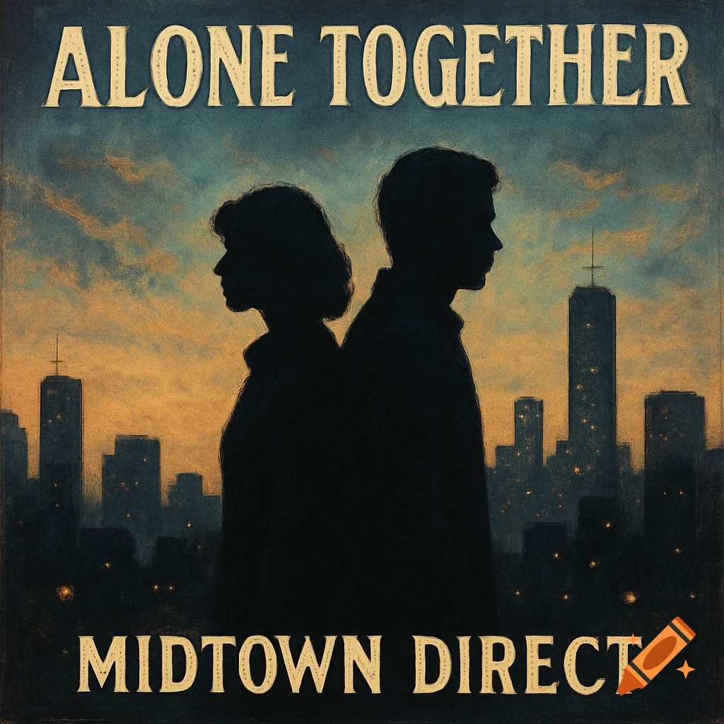 Vintage-style album cover art featuring silhouettes of two people back-to-back over a city skyline at sunset, with text 'Alone Together' and 'Midtown Direct'.