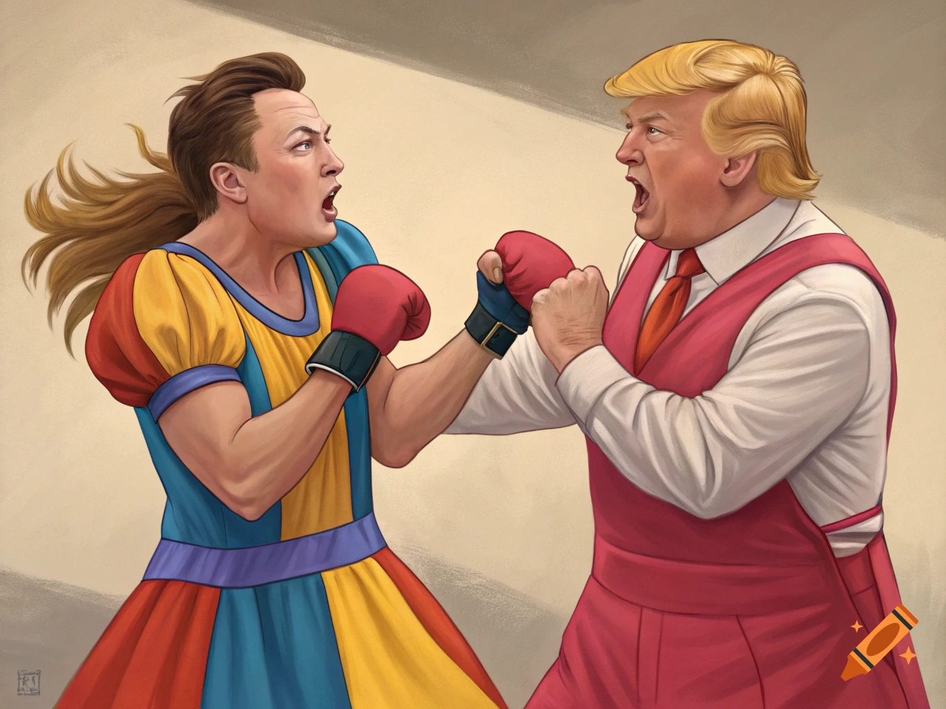 Illustration of Elon Musk in a colorful dress boxing Donald Trump in a pink vest.