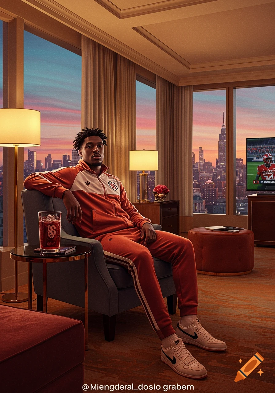 A football player in an orange tracksuit sits in a hotel room chair, looking out at a city skyline at sunset.