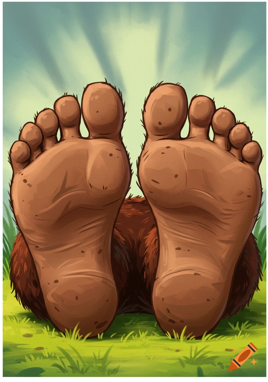 Close-up view of large, furry cartoon feet resting in green grass.