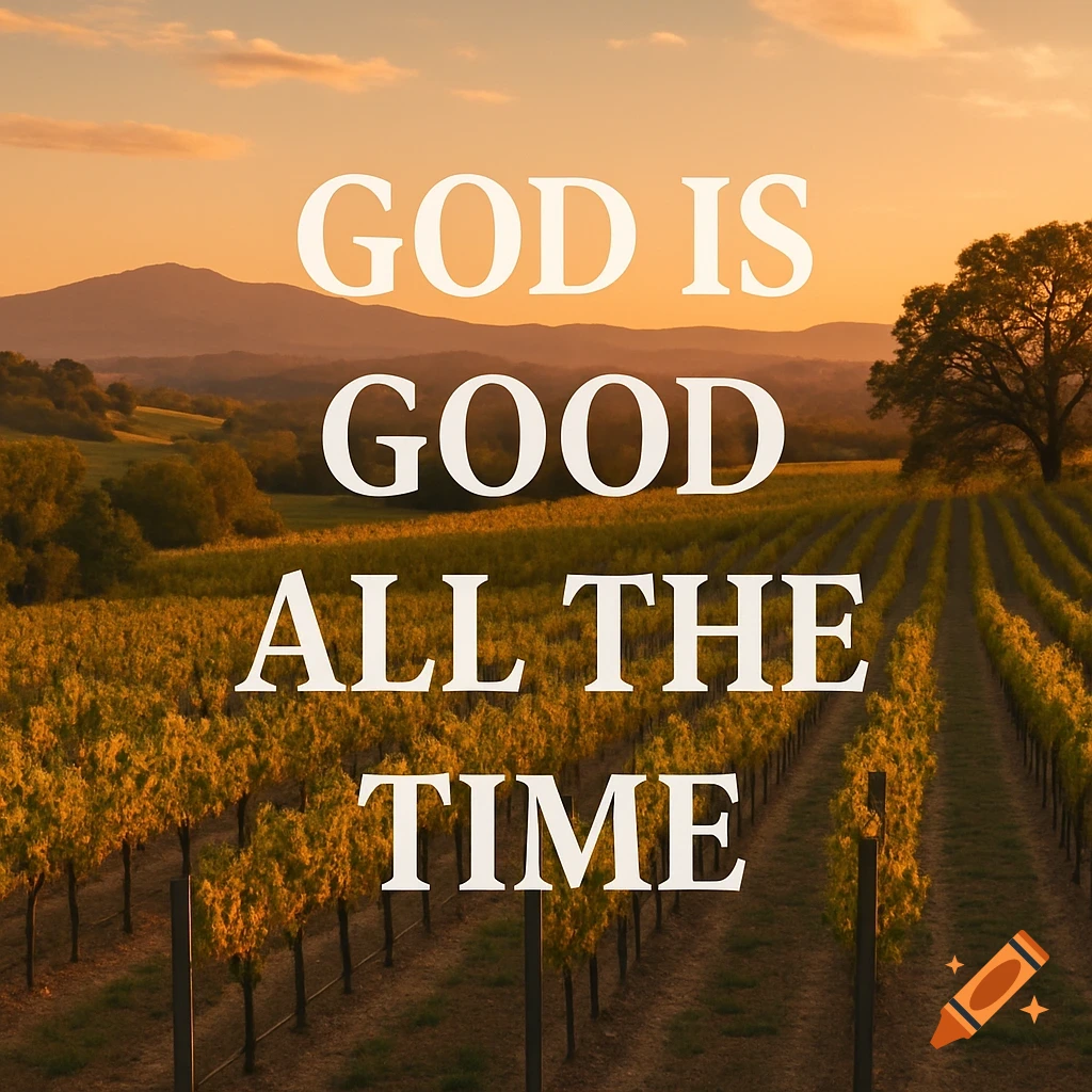 Vineyard landscape at sunset with text overlay reading 'GOD IS GOOD ALL THE TIME'.