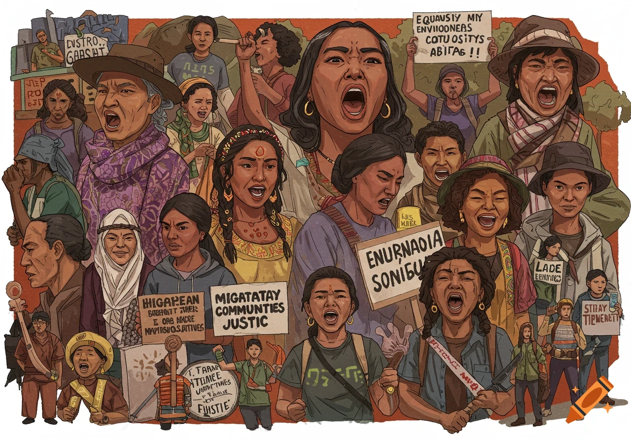 Illustration of a diverse group of people protesting with signs.