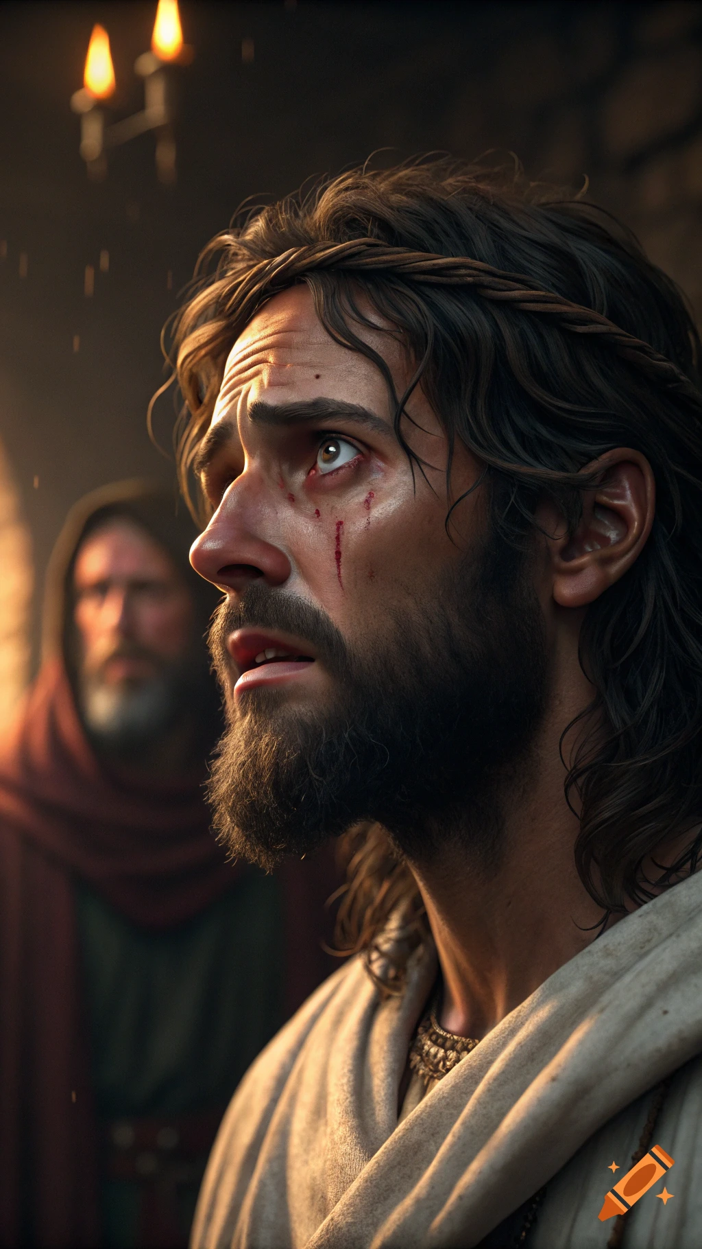 Close-up portrait of Jesus with a crown of thorns and blood, looking up, backlit by torches.
