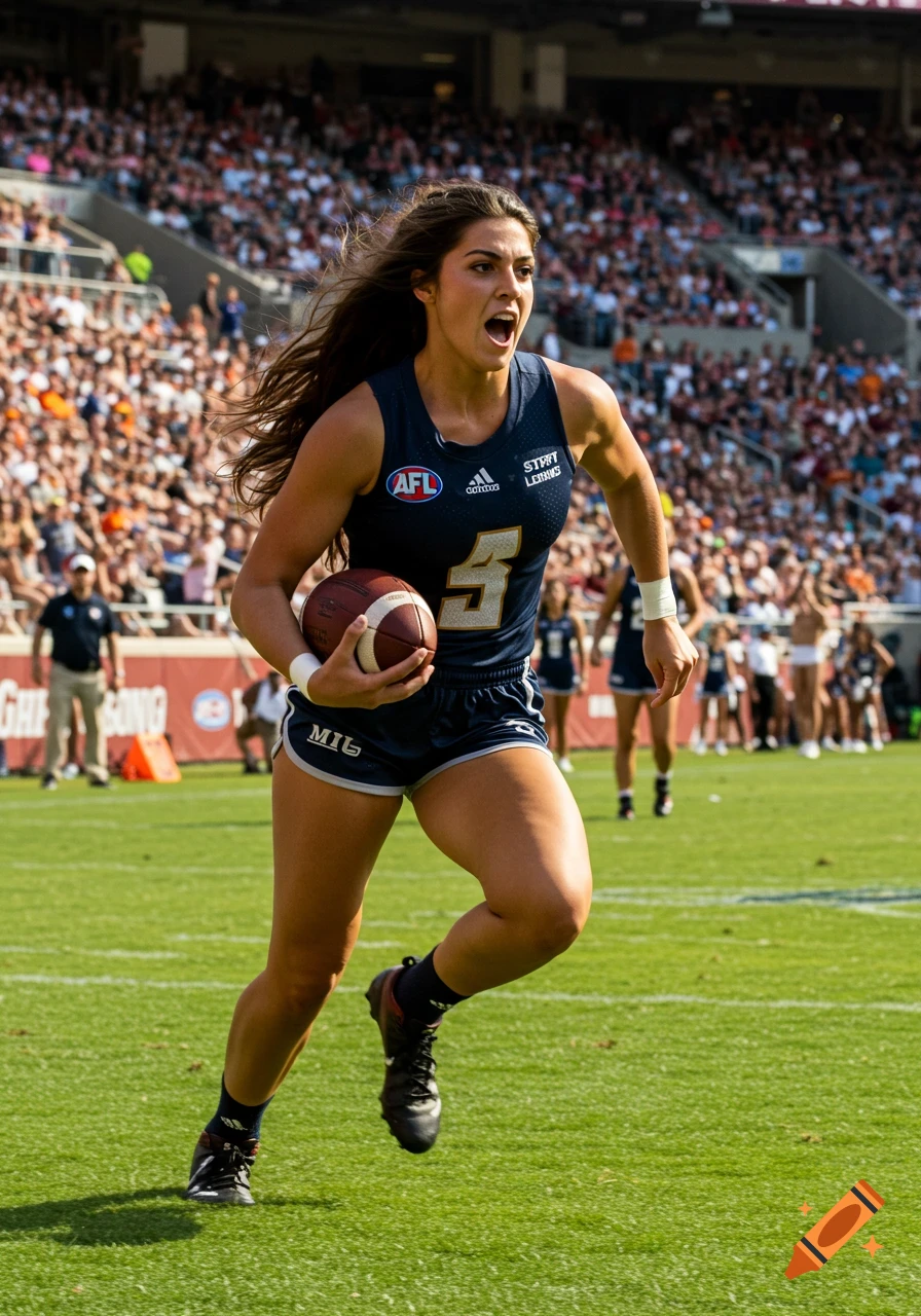 Woman runs on a football field holding a ball during a game in a stadium.