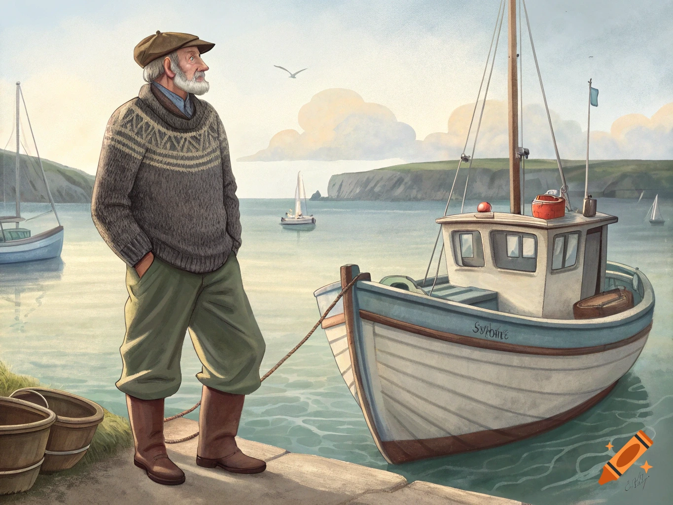 An old fisherman stands by his boat in a harbor.