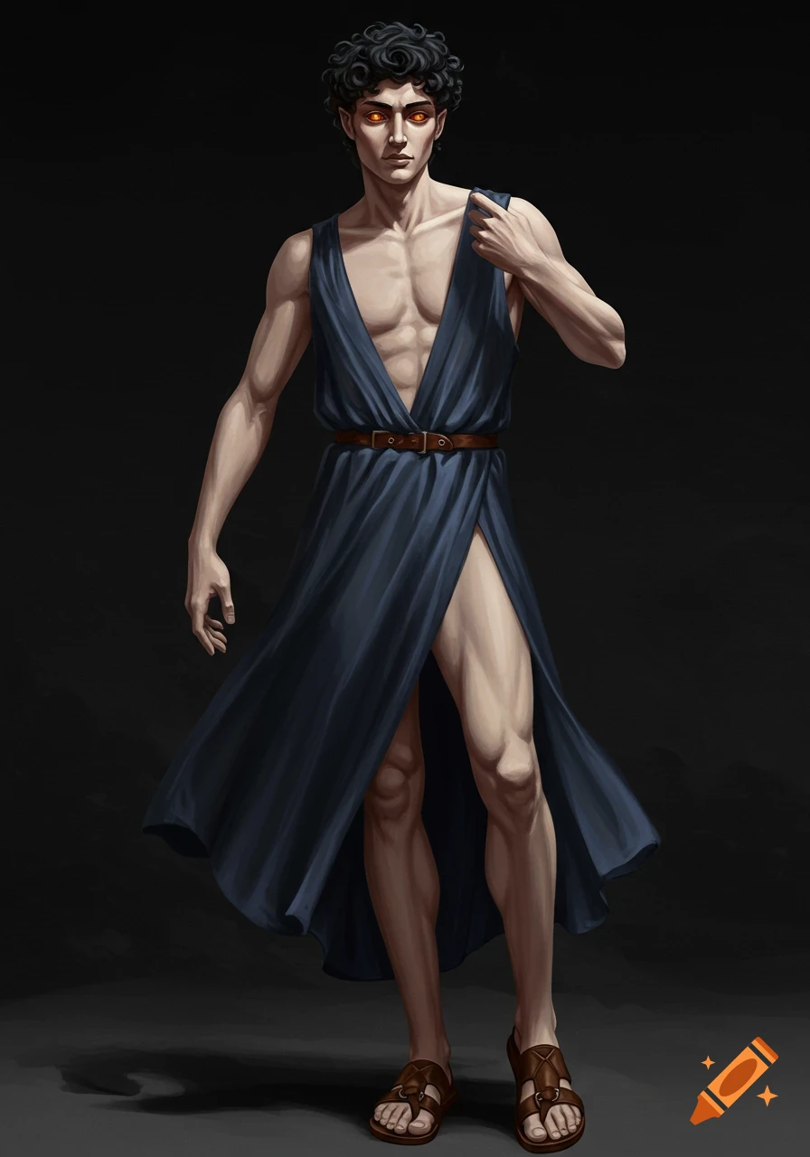 Muscular male figure in dark blue robe with glowing eyes against dark background.