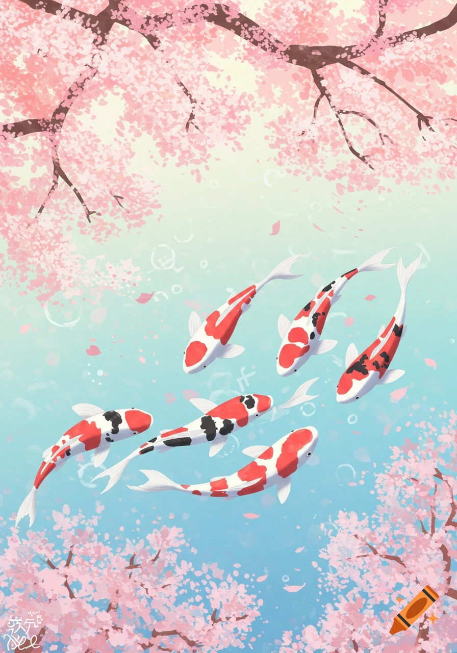Illustration of several red and white koi fish swimming under pink cherry blossoms.
