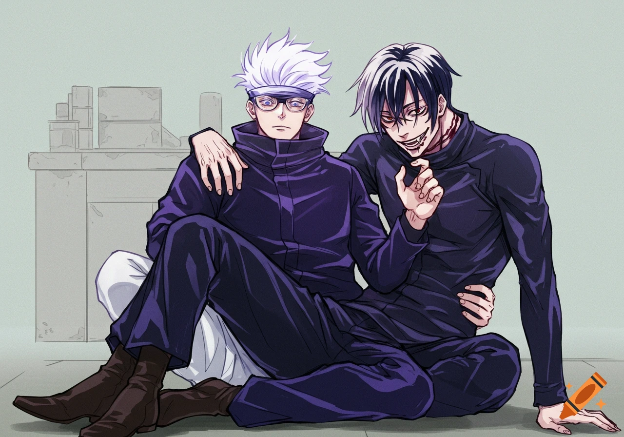 Anime drawing of two characters, one with white hair and glasses, the other with black and white hair and stitches, sitting together.