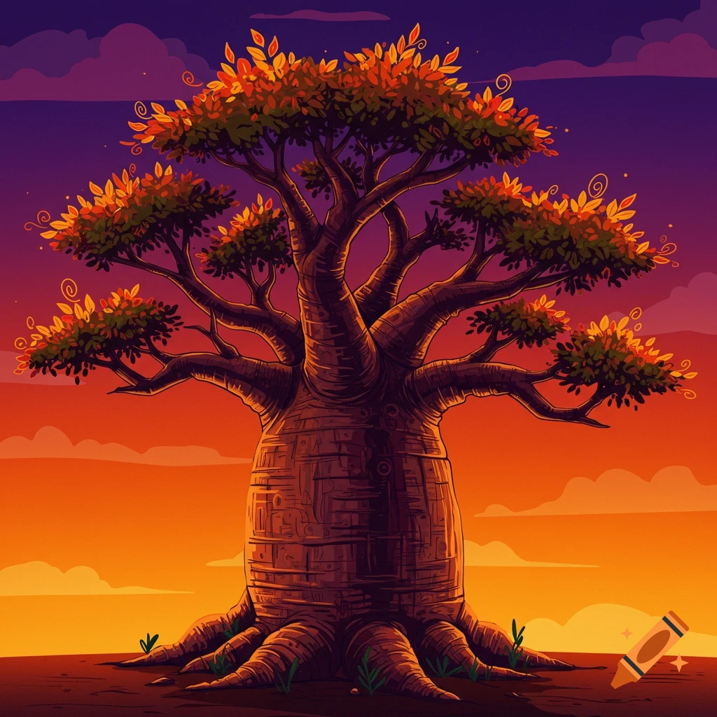 A stylized illustration of a baobab tree against an orange and purple sunset sky.