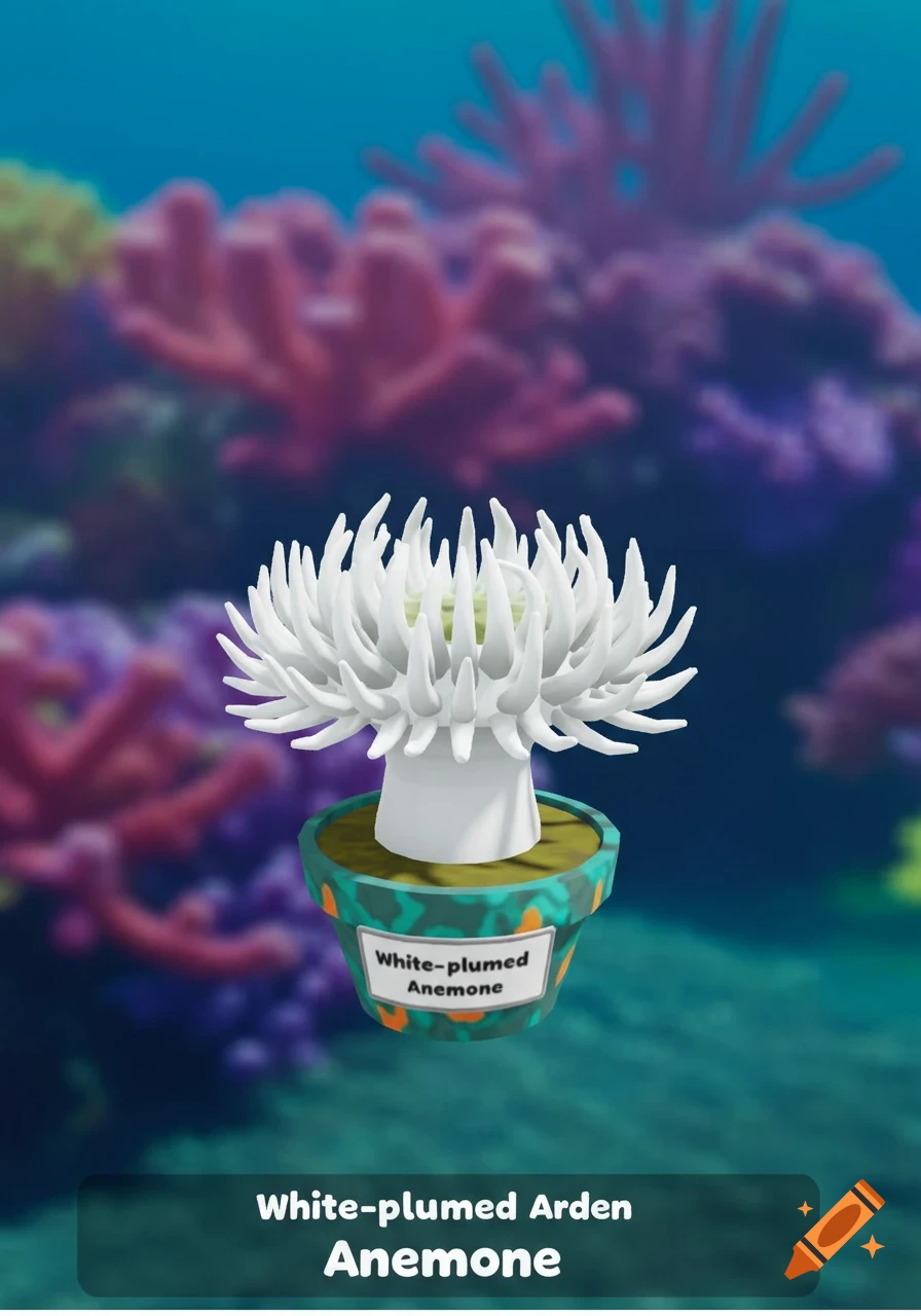 A 3D rendered model of a white-plumed anemone in a decorative pot against a blurred underwater background.