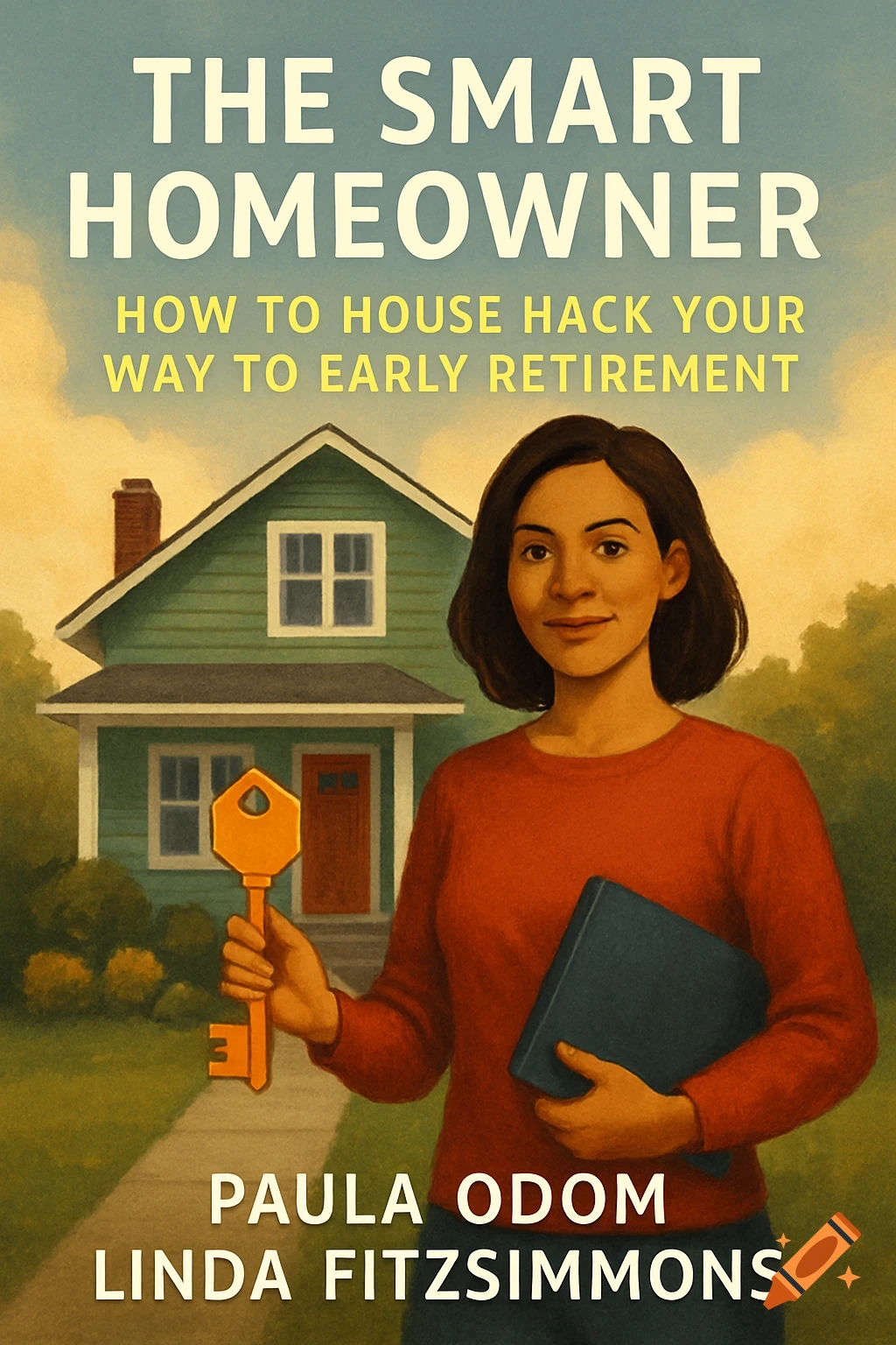 Illustration of a woman holding a key and a book in front of a house. It's a book cover.