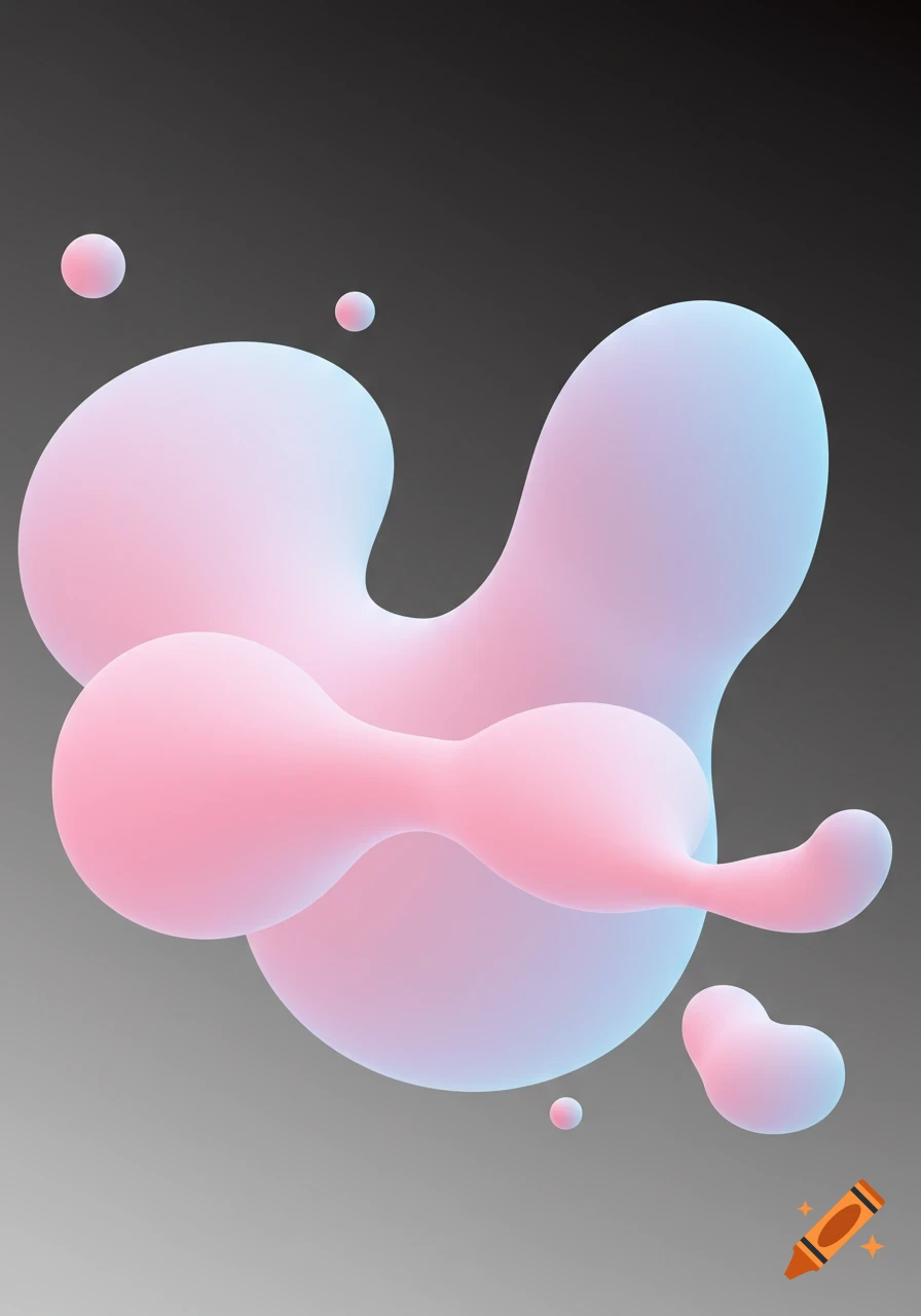 Abstract rendering of soft pink and blue gradient blobs on a grey background.